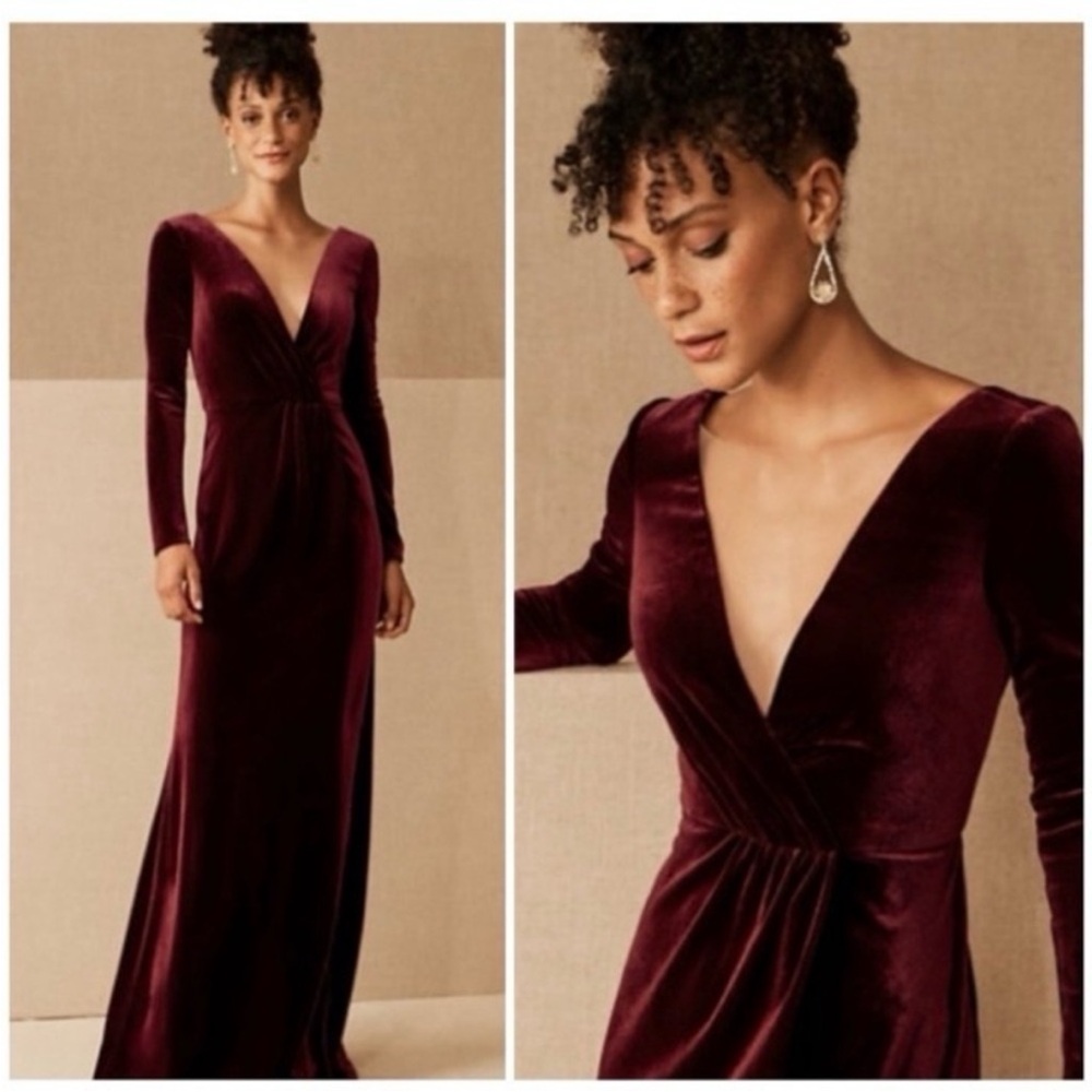 Jenny Yoo Dress Ryland Maxi Long Sleeve V-neck Open Back in Dark Berry Velvet - Picture 2 of 7